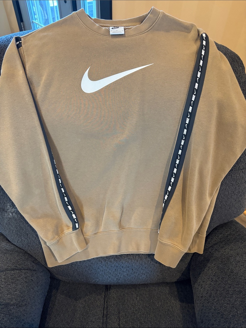 Nike Tan Crewneck Sweatshirt with White Swoosh and Black Sleeve Tape